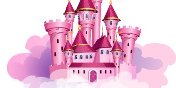 The vector illustration of pink princess magic castle in a clouds.