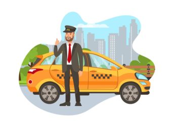 Taxi Driver with Car Isolated Cartoon Character. Happy Cab Driver Standing near Car, Showing Thumbs Up Flat Illustration. Transport Booking. Chauffeur in Uniform. Auto Rental Design Element