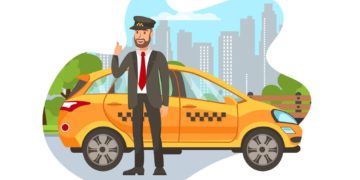 Taxi Driver with Car Isolated Cartoon Character. Happy Cab Driver Standing near Car, Showing Thumbs Up Flat Illustration. Transport Booking. Chauffeur in Uniform. Auto Rental Design Element