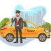 Taxi Driver with Car Isolated Cartoon Character. Happy Cab Driver Standing near Car, Showing Thumbs Up Flat Illustration. Transport Booking. Chauffeur in Uniform. Auto Rental Design Element